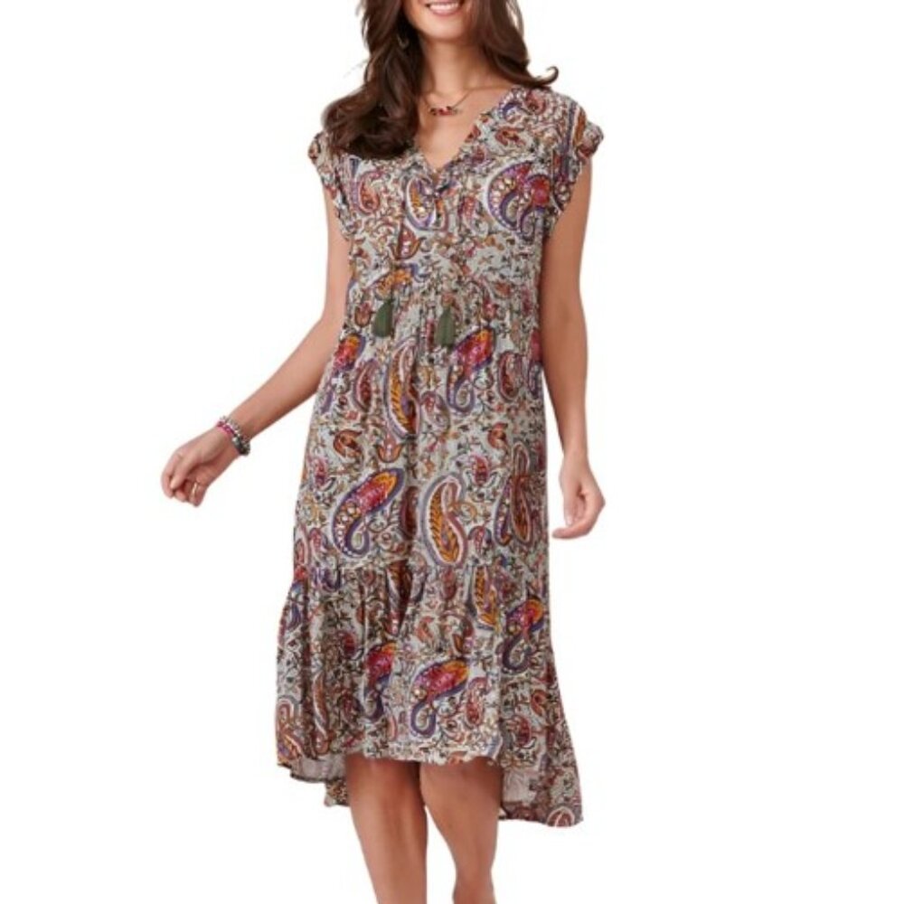 Democracy Paisley Boho Crinkled Crepe Lace-Up Tiered Midi Dress NWT Size XS